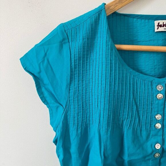 NWOT Fabindia Turquoise Blue Button Down Cap Sleeve 100% Cotton Shirt - Picture 3 of 6